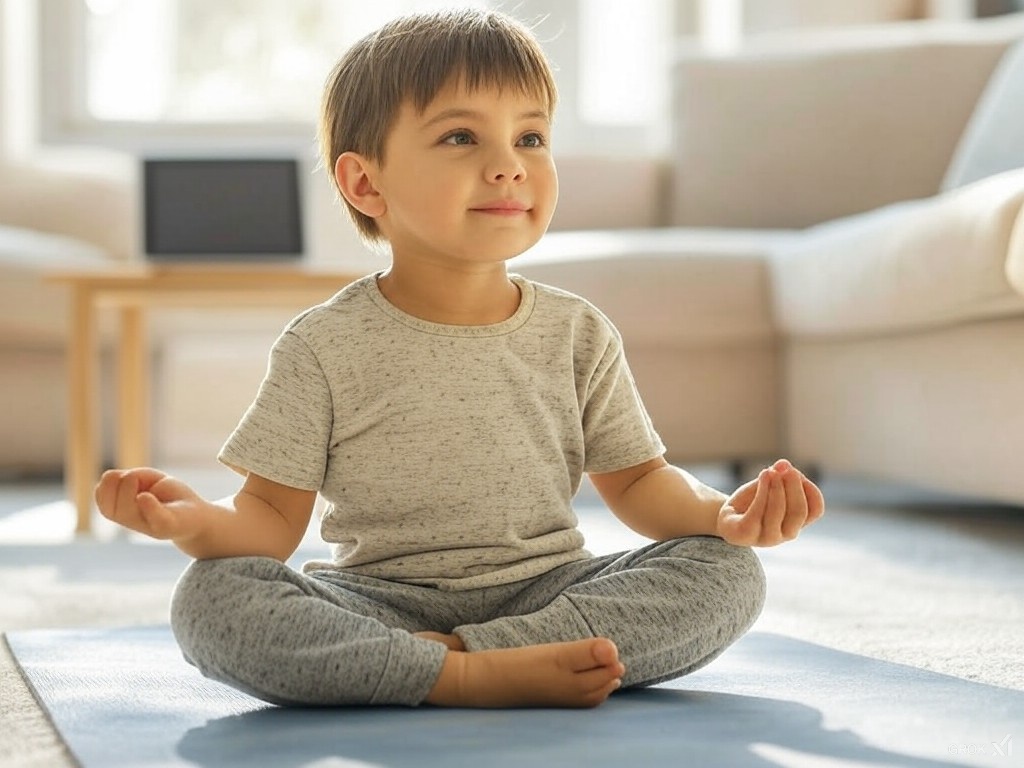 A smiling child practicing yoga at home, balancing screen time with movement and mindfulness