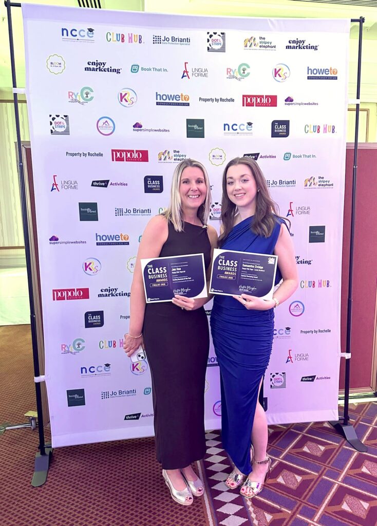 Jen Hoe and Sam Elvidge of Happy Kids Yoga with their Class Business Awards 2026 finalist certificates